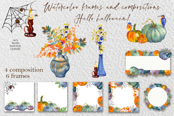 Autumn Clipart. Yellow and Green Pumpkin Illustrations