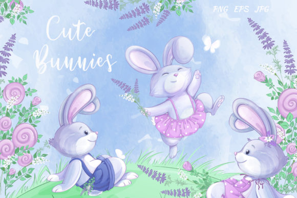 Cute Bunnies and Flowers Illustrations