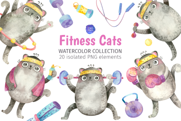 Cute Fitness Cats in Gym Clipart and Illustrations