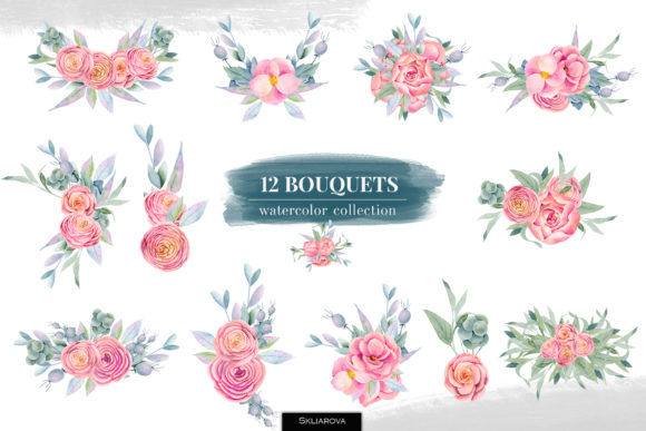 Floral Boxes. 12 Bouquets. Illustrations