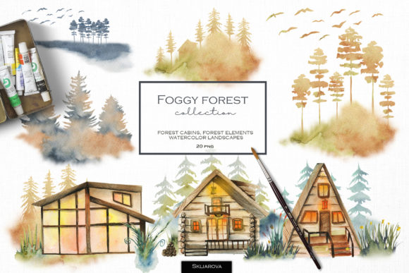 Foggy Forest Cottages and Landscapes Illustrations