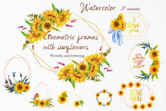 Geometric Frames with Sunflowers Illustrations
