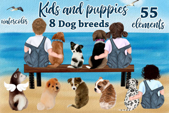 Kids and Puppies Dog Breeds for Mug Illustrations