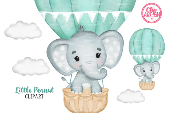 Mint Green Elephant Hot Air Balloon Illustrations for Branding and Marketing