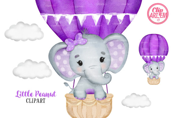 Purple Elephant Girl Hot Air Balloon Illustrations