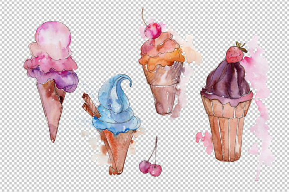 Tasty Ice Cream in a Waffle Cup Set Illustrations