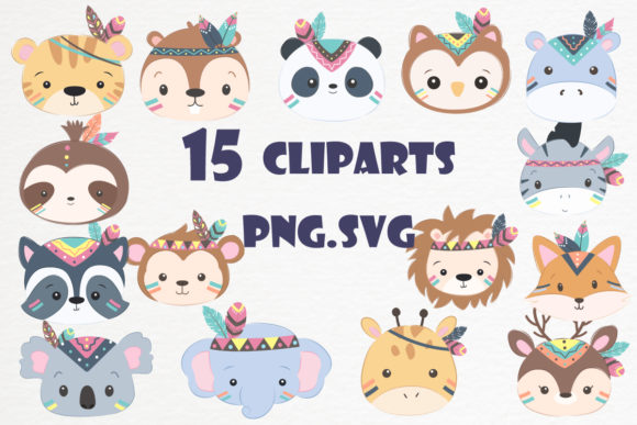 Tribal Animals Head Clipart Set Graphic and Illustrations