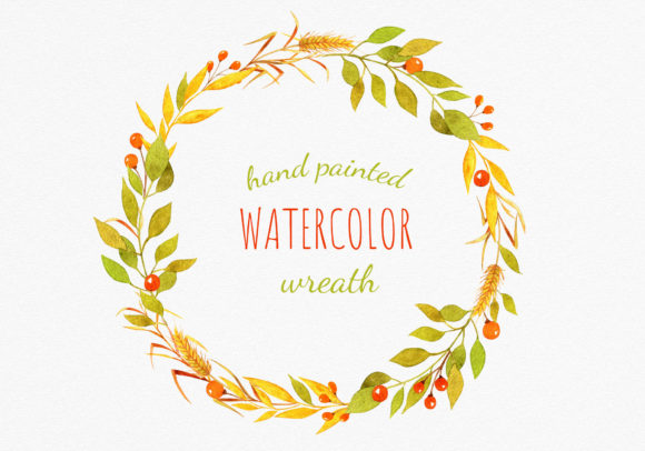 Wheat, Berries and Fall Leaves Wreath Illustrations